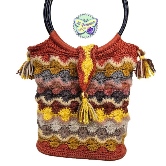 Handmade Crochet Starburst Bag, Wood Handle Purse, Solid Bottom Handbag Tote - Picture 7 of 9